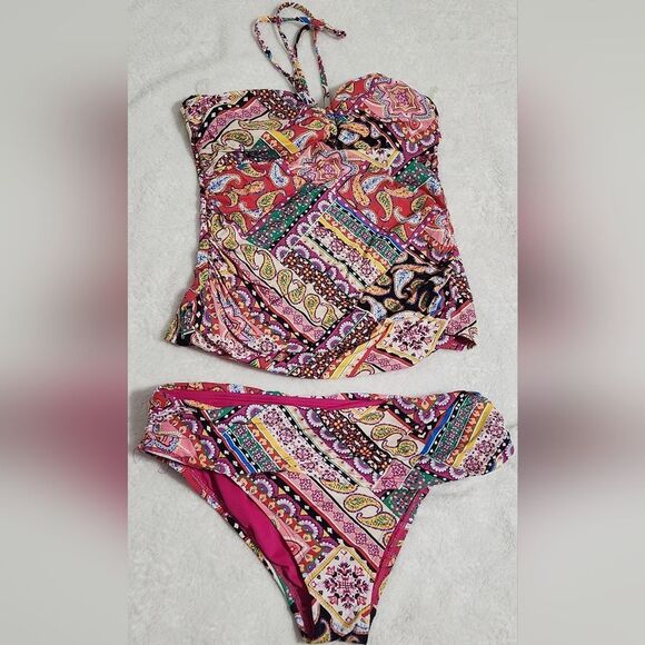 Bleu Rod Swim Set Beattie Patchwork Paisley Bandeau Halter Tankini Size 10 - Picture 3 of 10